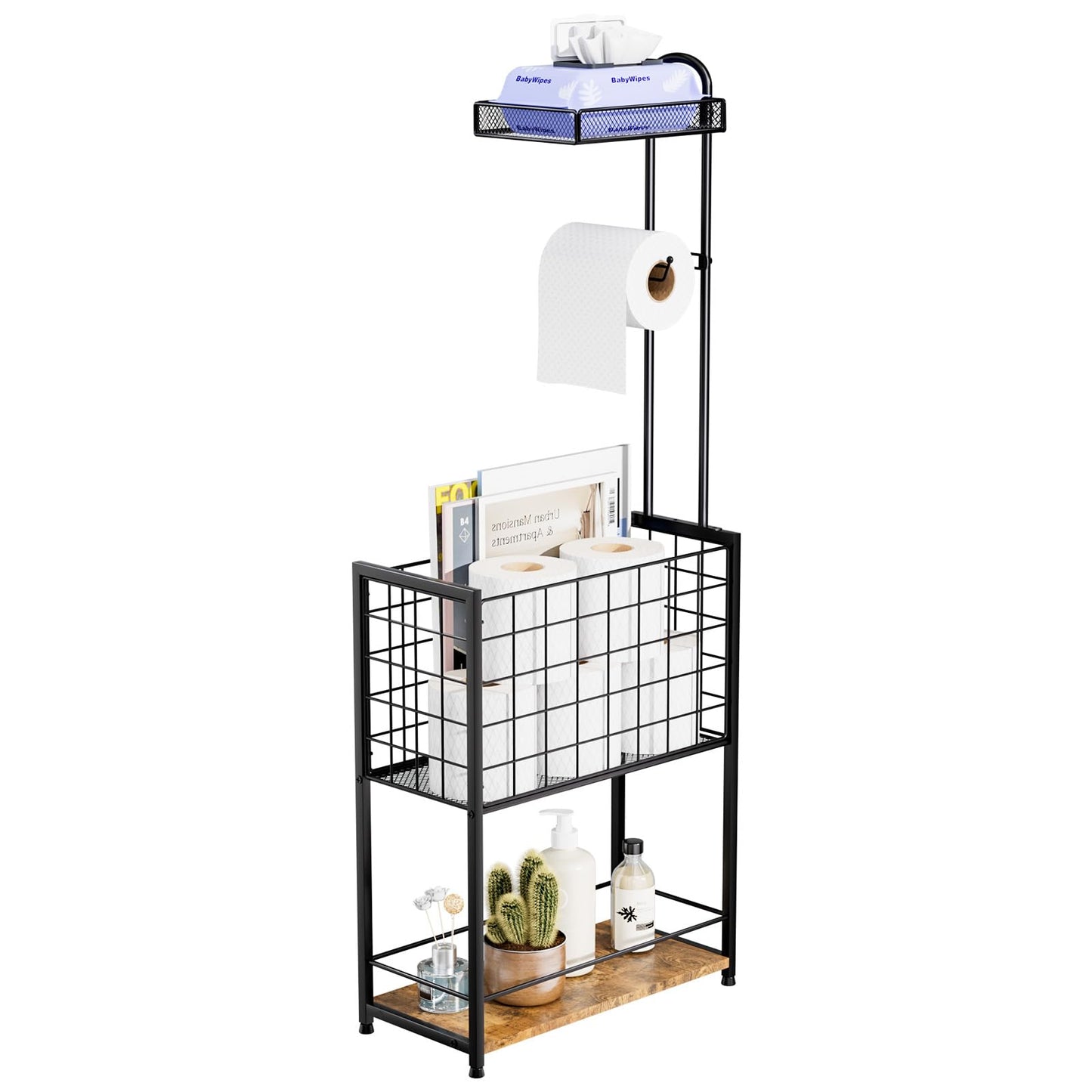 LuxBin Freestanding Toilet Paper Holder - 4-Tier Free Standing Toilet Paper Holder Stand with Shelf, Bathroom Storage Rack for Extra Rolls, Magazines, Wet Wipes, and Bathroom Essentials, Black