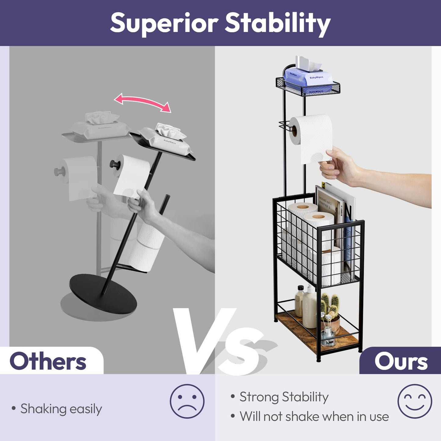 LuxBin Freestanding Toilet Paper Holder - 4-Tier Free Standing Toilet Paper Holder Stand with Shelf, Bathroom Storage Rack for Extra Rolls, Magazines, Wet Wipes, and Bathroom Essentials, Black