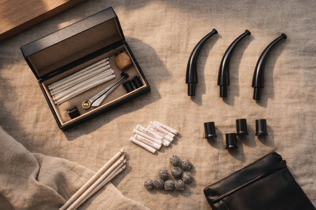 Flat lay of pipe care accessories including 9mm pipe filters, replacement pipe stems, pipe cleaners, and a curated maintenance kit arranged on a neutral linen surface.