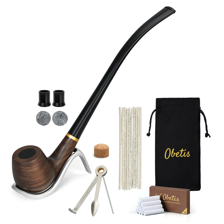 Churchwarden Ebony Wood Tobacco Pipe Set – Long Stem, Full Accessories, Gift-Ready