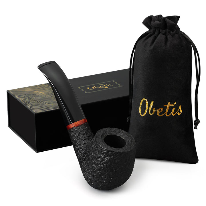Pipa de tabaco de brezo de madera de brezo curvada Obetis - Set de regalo artesanal con funda de terciopelo