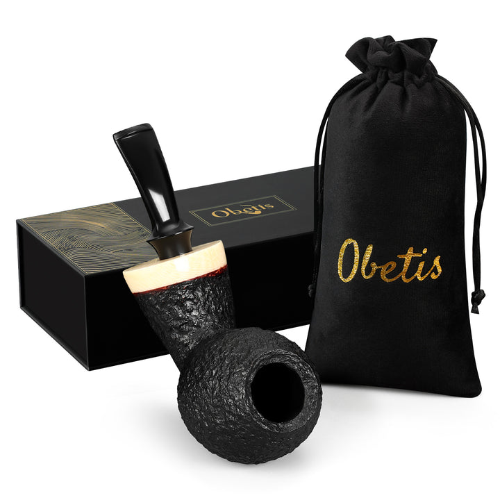 Obetis Handcrafted Briar Tobacco Pipe - Rusticated Puffer Shape with Gift Box