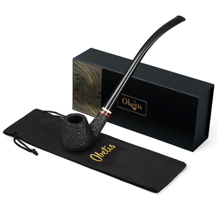 Obetis Churchwarden Briar Tobacco Pipe – Extra-Long Handmade Rustic Pipe with Gift Box
