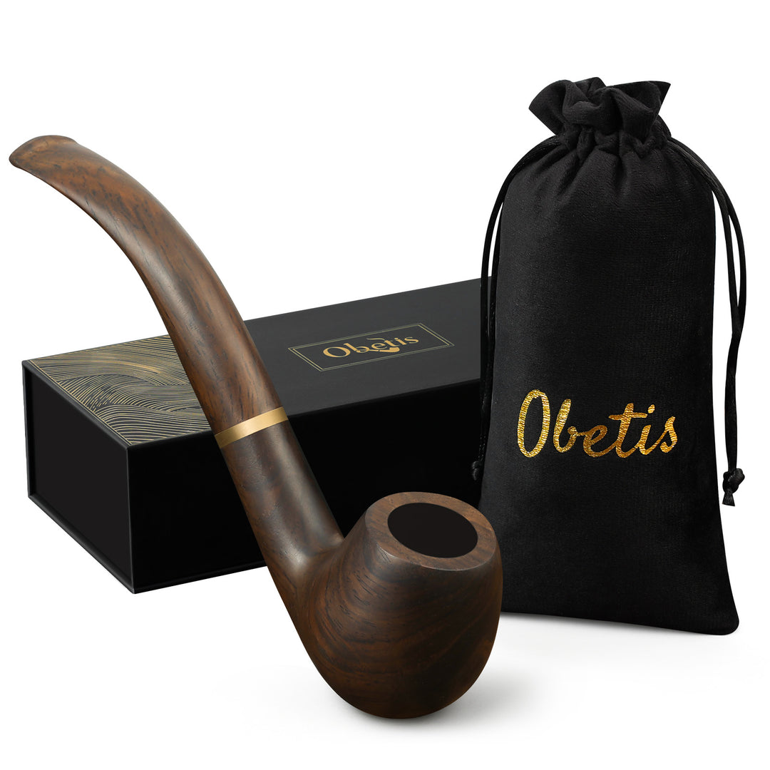 Obetis full ebony wood pipe gift set — wooden stem pipe with branded storage pouch and box