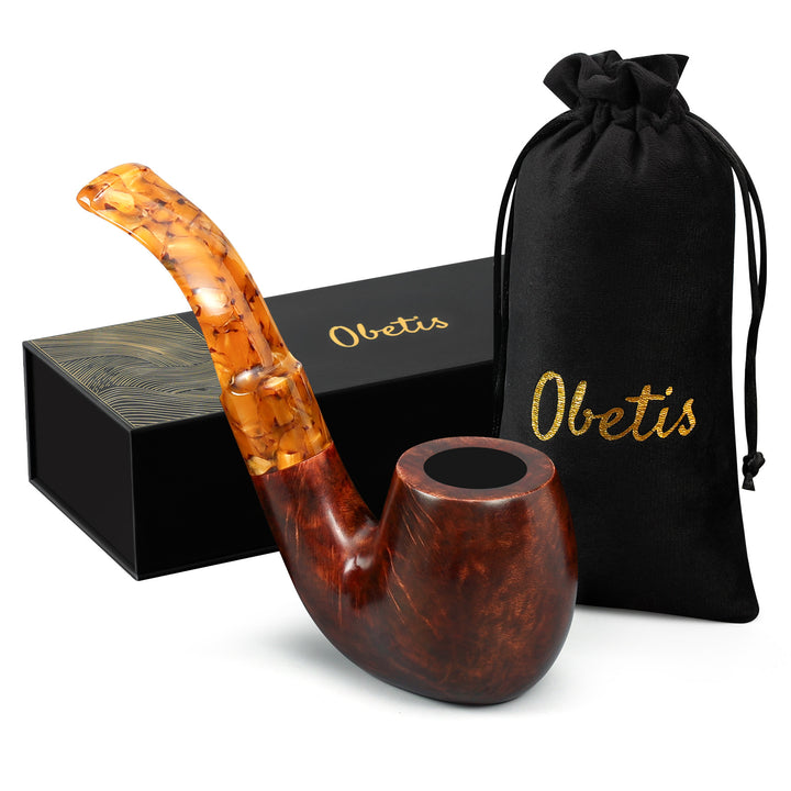 Obetis Handmade Briar Tobacco Pipe – Calabash Sitter with Amber Acrylic Stem