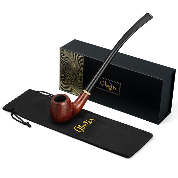 Churchwarden Briar Tobacco Pipe with Gift Box & Velvet Pouch – Long Stem, Elegant Design