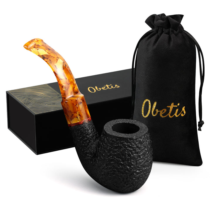 Obetis Rusticated Briar Tobacco Pipe – Calabash Sitter with Amber Acrylic Stem