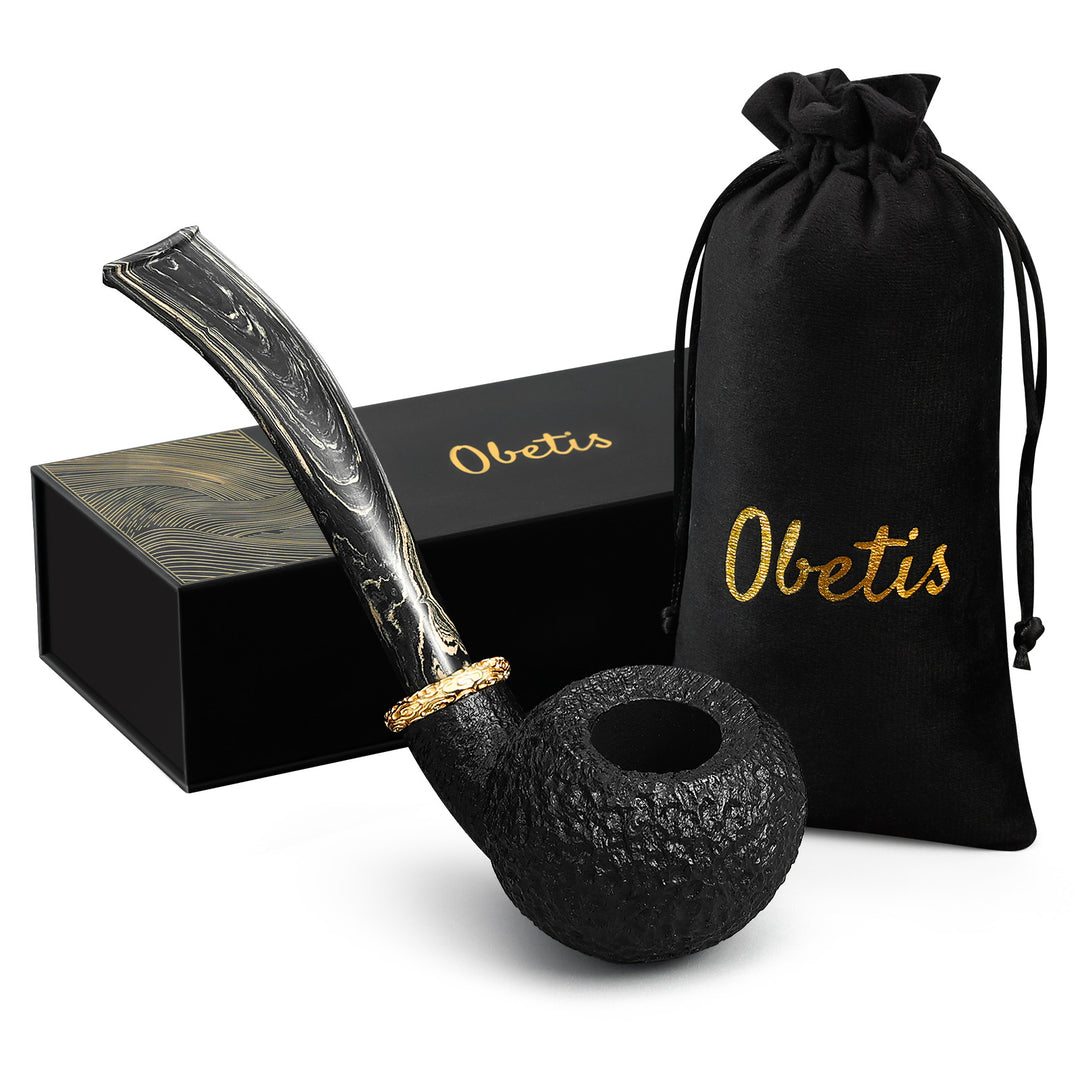 Obetis Rusticated Bent Briar Pipe – Calabash Sitter with Gift Box & Gold Ring