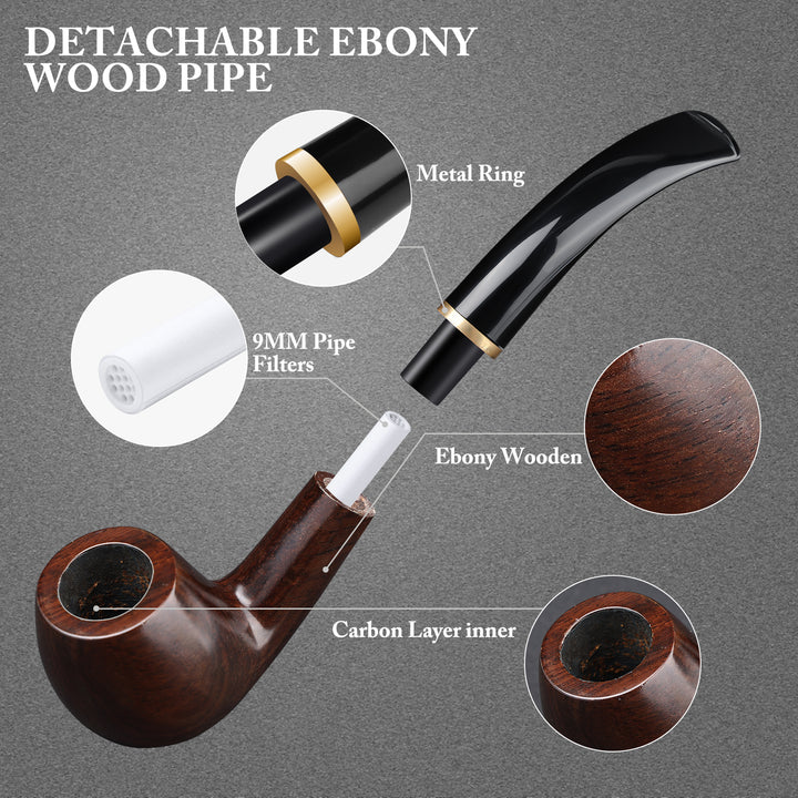 Pipa de tabaco Joyoldelf de madera de ébano con filtro de 9 mm y soporte (lista para regalo)