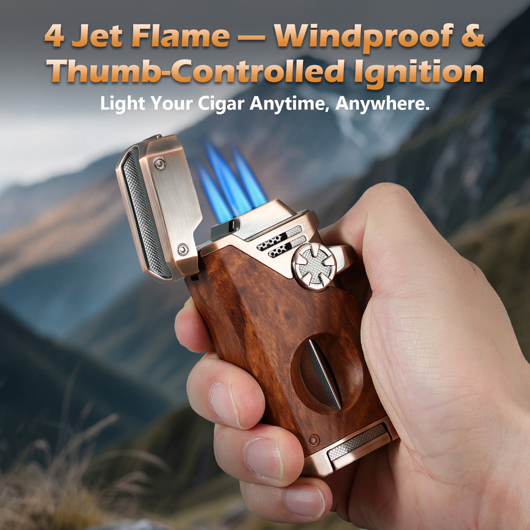 Joyoldelf 4 Jet Flame Cigar Lighter with Built-in V Cutter & Punch