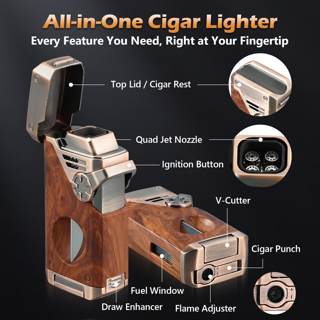 Joyoldelf 4 Jet Flame Cigar Lighter with Built-in V Cutter & Punch