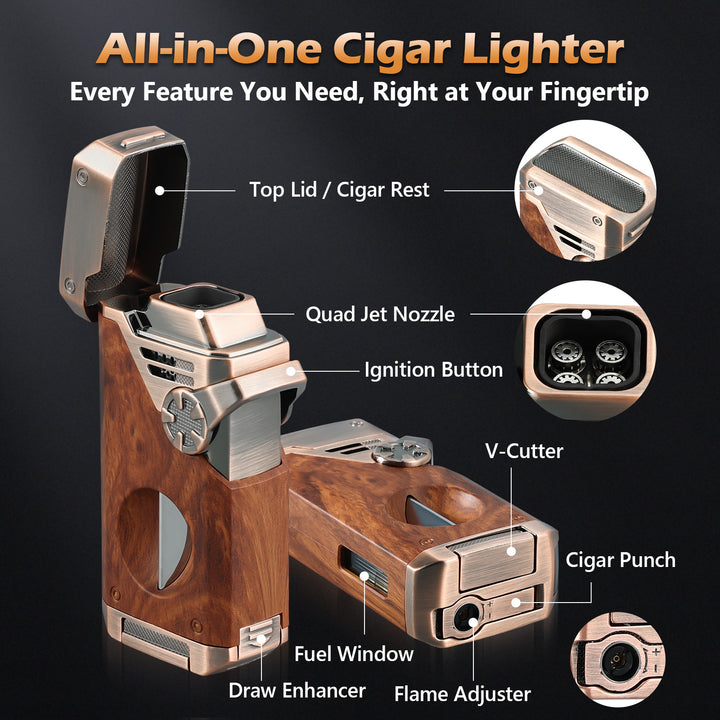 Joyoldelf 4 Jet Flame Cigar Lighter with Built-in V Cutter & Punch