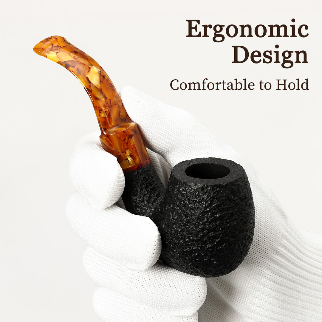 Obetis Rusticated Briar Tobacco Pipe – Calabash Sitter with Amber Acrylic Stem