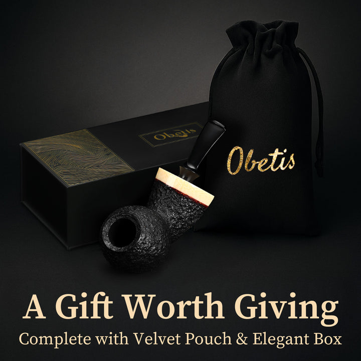 Obetis Handcrafted Briar Tobacco Pipe - Rusticated Puffer Shape with Gift Box