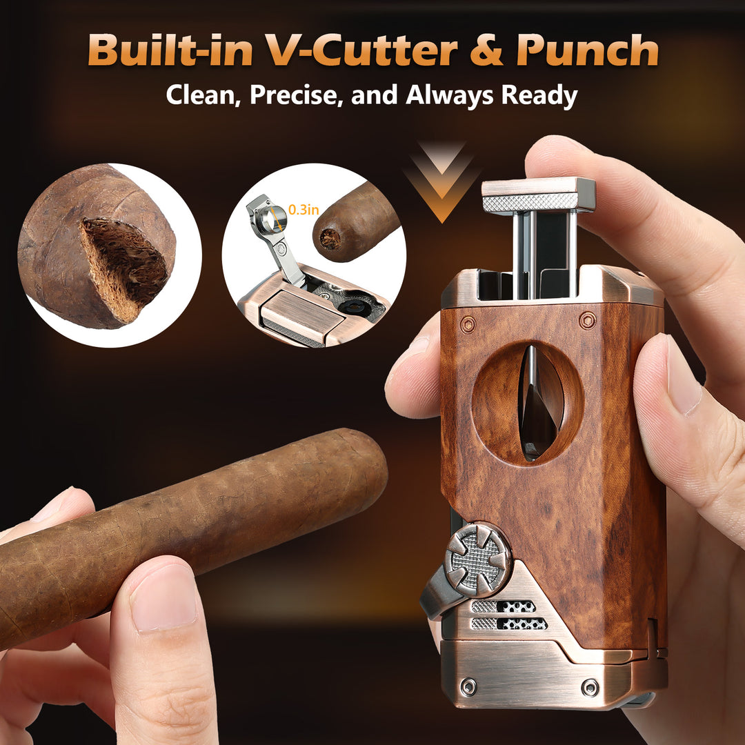 Joyoldelf 4 Jet Flame Cigar Lighter with Built-in V Cutter & Punch