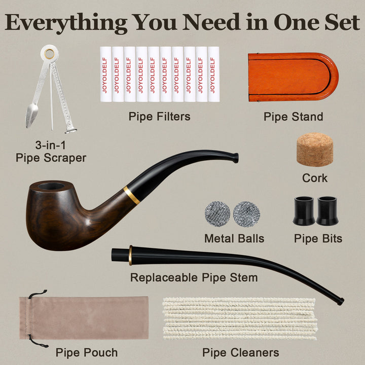 Joyoldelf Ebony Tobacco Pipe with Replaceable Long & Short Stem – Carbon Filter & Full Gift Set