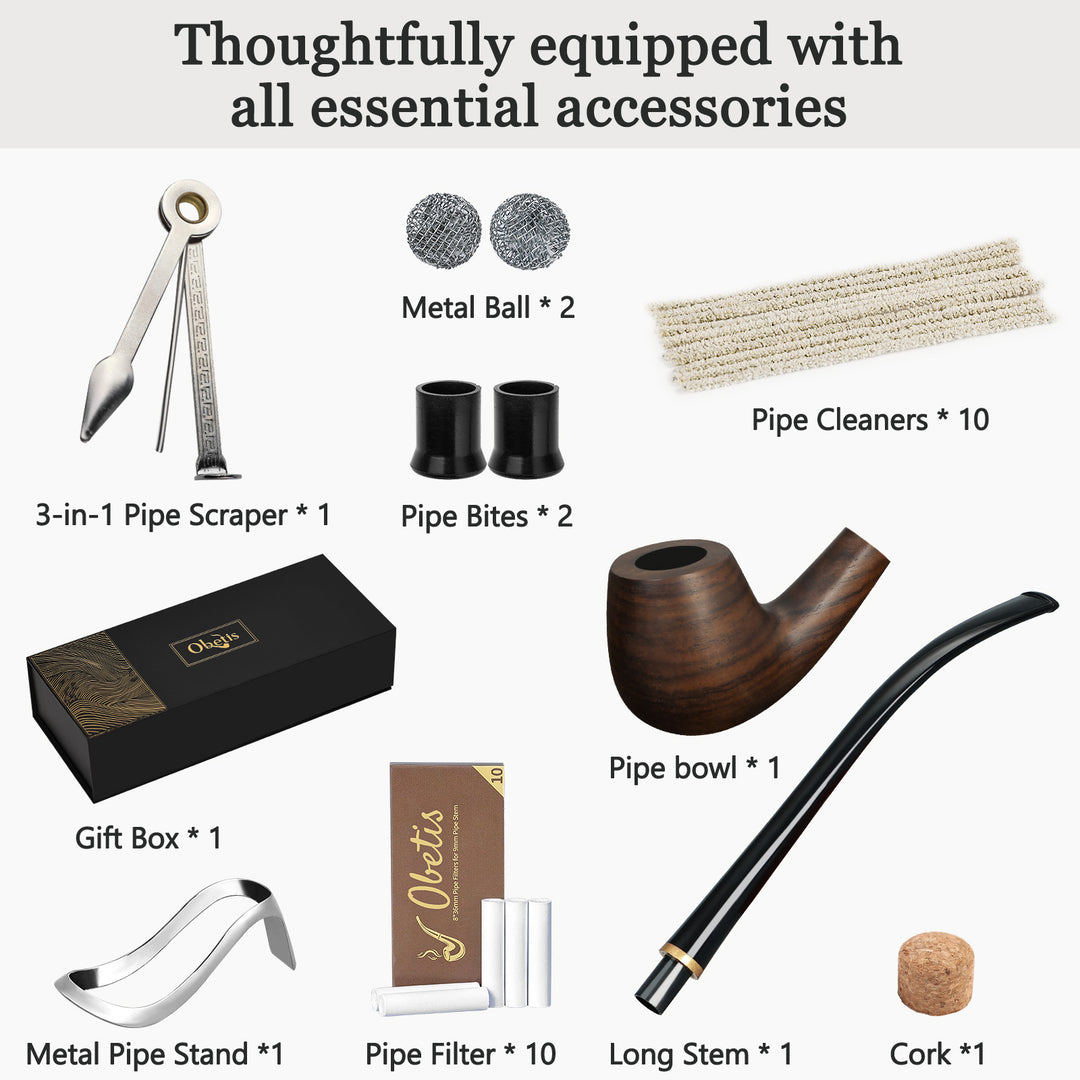Churchwarden Ebony Wood Tobacco Pipe Set – Long Stem, Full Accessories, Gift-Ready