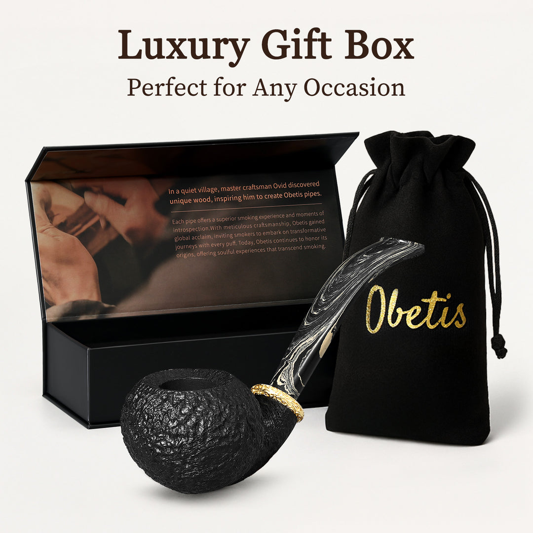 Obetis Rusticated Bent Briar Pipe – Calabash Sitter with Gift Box & Gold Ring