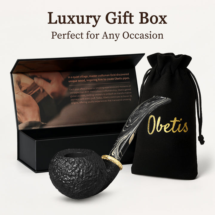 Obetis Rusticated Bent Briar Pipe – Calabash Sitter with Gift Box & Gold Ring