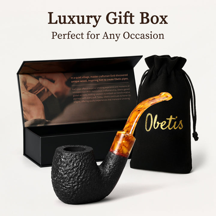 Obetis Rusticated Briar Tobacco Pipe – Calabash Sitter with Amber Acrylic Stem
