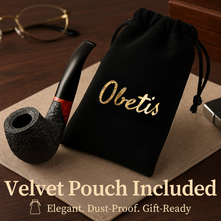 Pipa de tabaco de brezo de madera de brezo curvada Obetis - Set de regalo artesanal con funda de terciopelo
