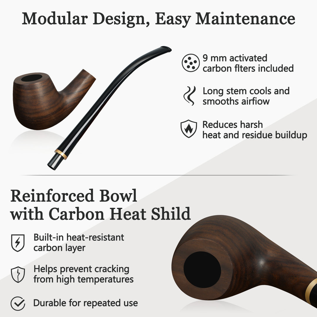 Churchwarden Ebony Wood Tobacco Pipe Set – Long Stem, Full Accessories, Gift-Ready