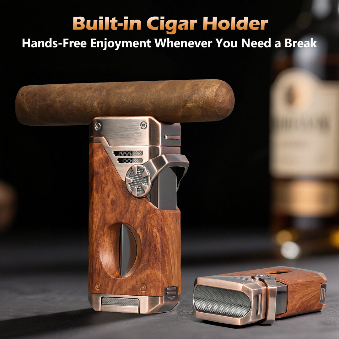 Joyoldelf 4 Jet Flame Cigar Lighter with Built-in V Cutter & Punch