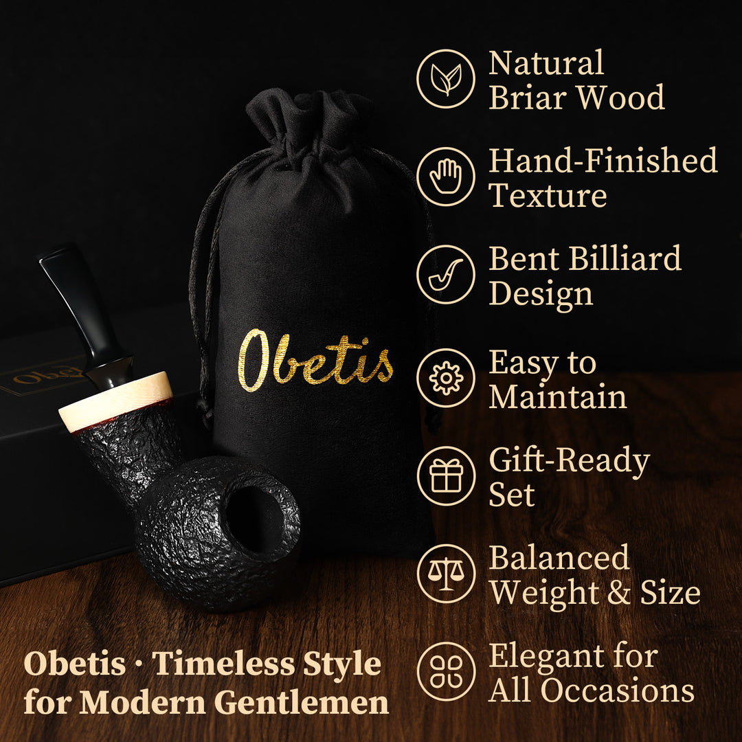 Obetis Handcrafted Briar Tobacco Pipe - Rusticated Puffer Shape with Gift Box