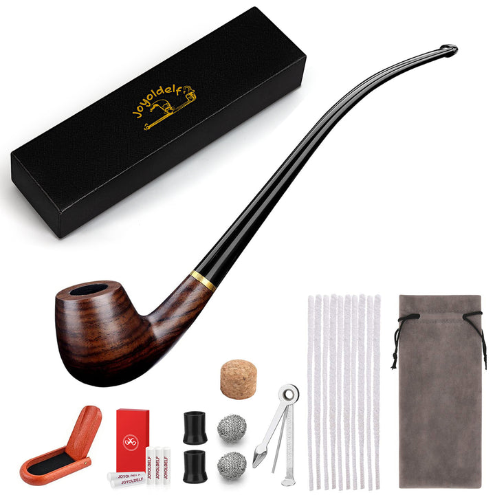 Joyoldelf Churchwarden Tobacco Pipe, Handmade Ebony Wood Smoking Pipe, Perfect Beginner Pipe Kit with Ultimate Beginner Guide E-Book - Smoking Gift Set and Accessories