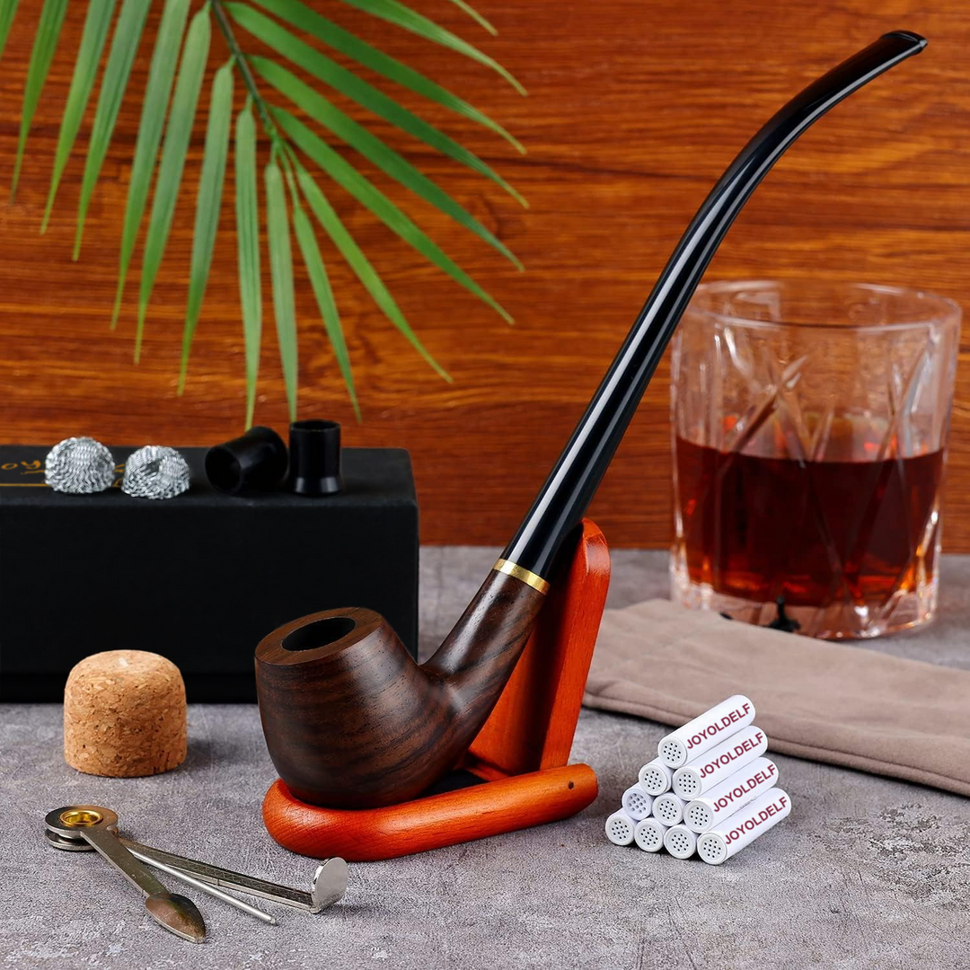 Joyoldelf Churchwarden Tobacco Pipe, Handmade Ebony Wood Smoking Pipe, Perfect Beginner Pipe Kit with Ultimate Beginner Guide E-Book - Smoking Gift Set and Accessories