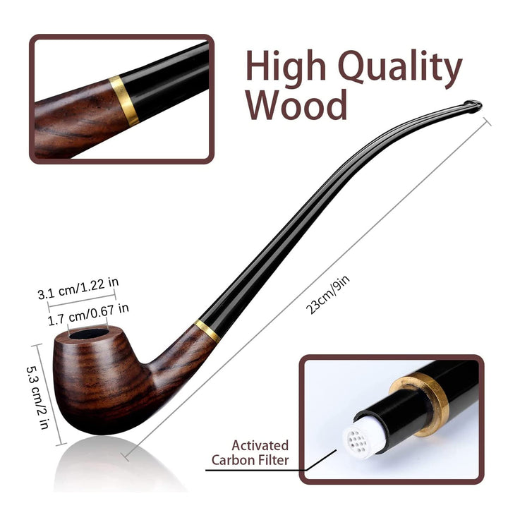 Joyoldelf Churchwarden Tobacco Pipe, Handmade Ebony Wood Smoking Pipe, Perfect Beginner Pipe Kit with Ultimate Beginner Guide E-Book - Smoking Gift Set and Accessories