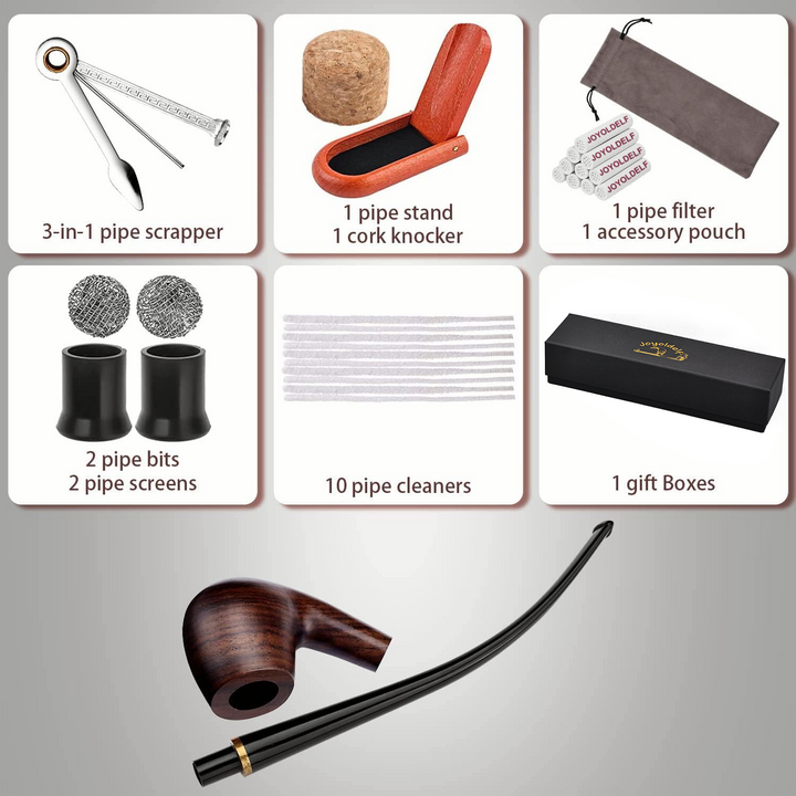 Joyoldelf Churchwarden Tobacco Pipe, Handmade Ebony Wood Smoking Pipe, Perfect Beginner Pipe Kit with Ultimate Beginner Guide E-Book - Smoking Gift Set and Accessories