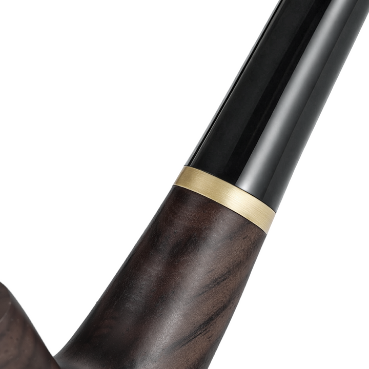 Obetis ebony wood pipe — brass accent ring and polished black stem connection detail