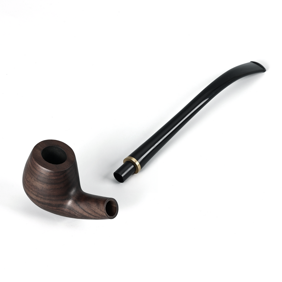Obetis ebony wood pipe — detachable long black stem shown separately with wooden bow