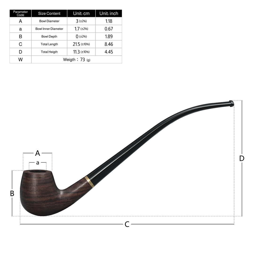 Obetis ebony wood pipe size chart — bowl diameter, height, and long stem length illustration