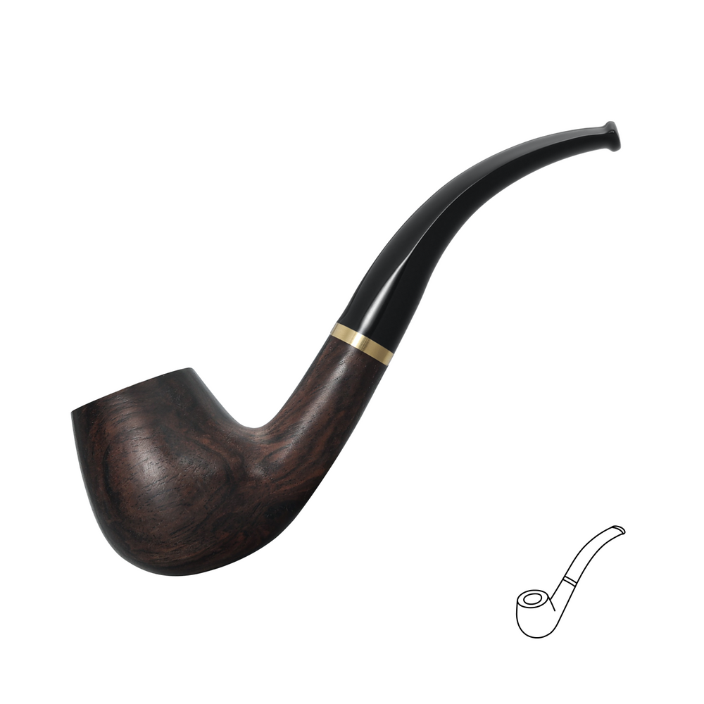Ebony wood pipe with a curved black stem and gold-tone ring, Joyoldelf design, displayed on a white background.