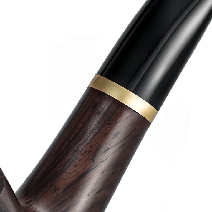 Detail view of the black stem and gold-tone ring connection on the Joyoldelf ebony wood pipe.