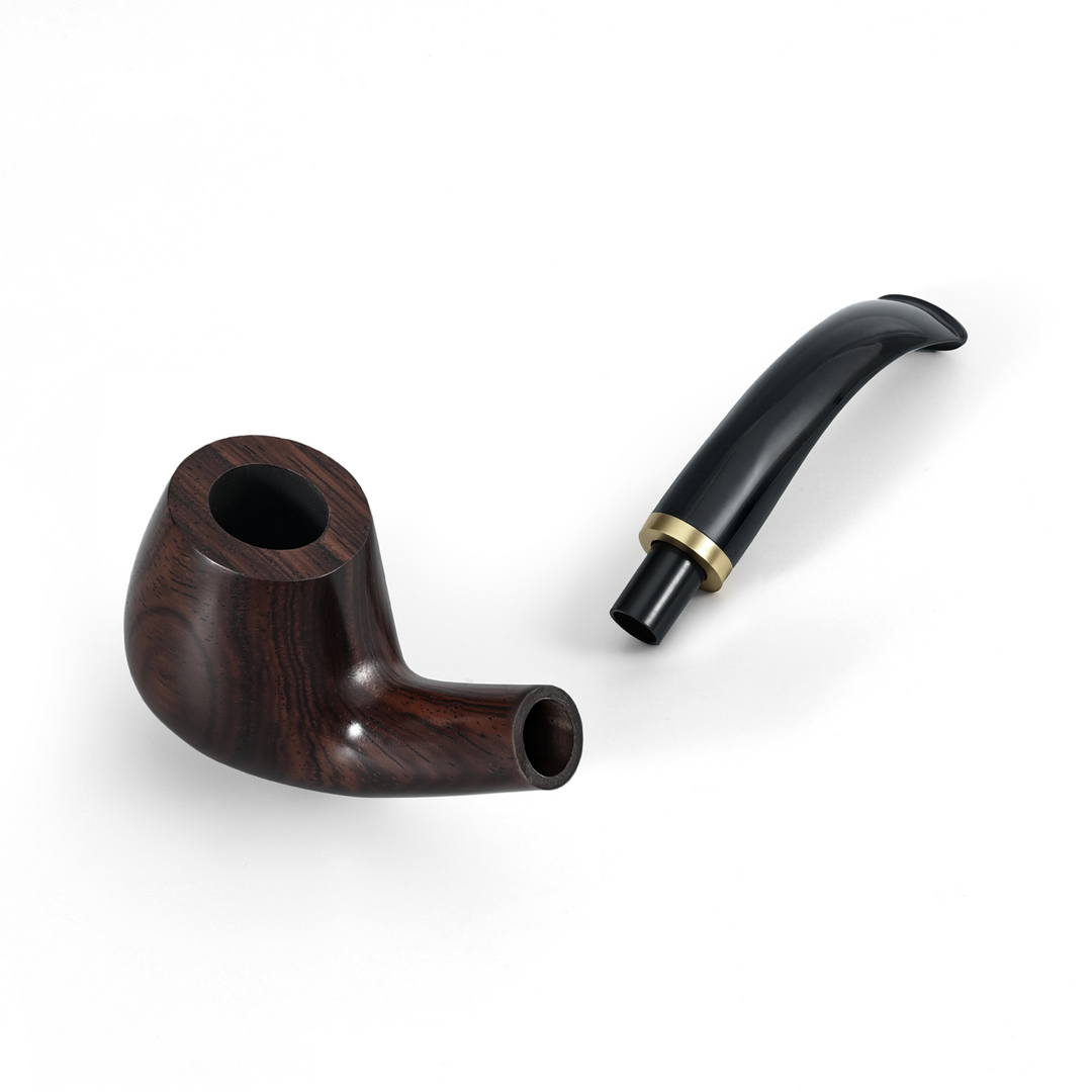 Separated view of the ebony wood bowl and curved black stem with gold-tone ring from the Joyoldelf pipe.