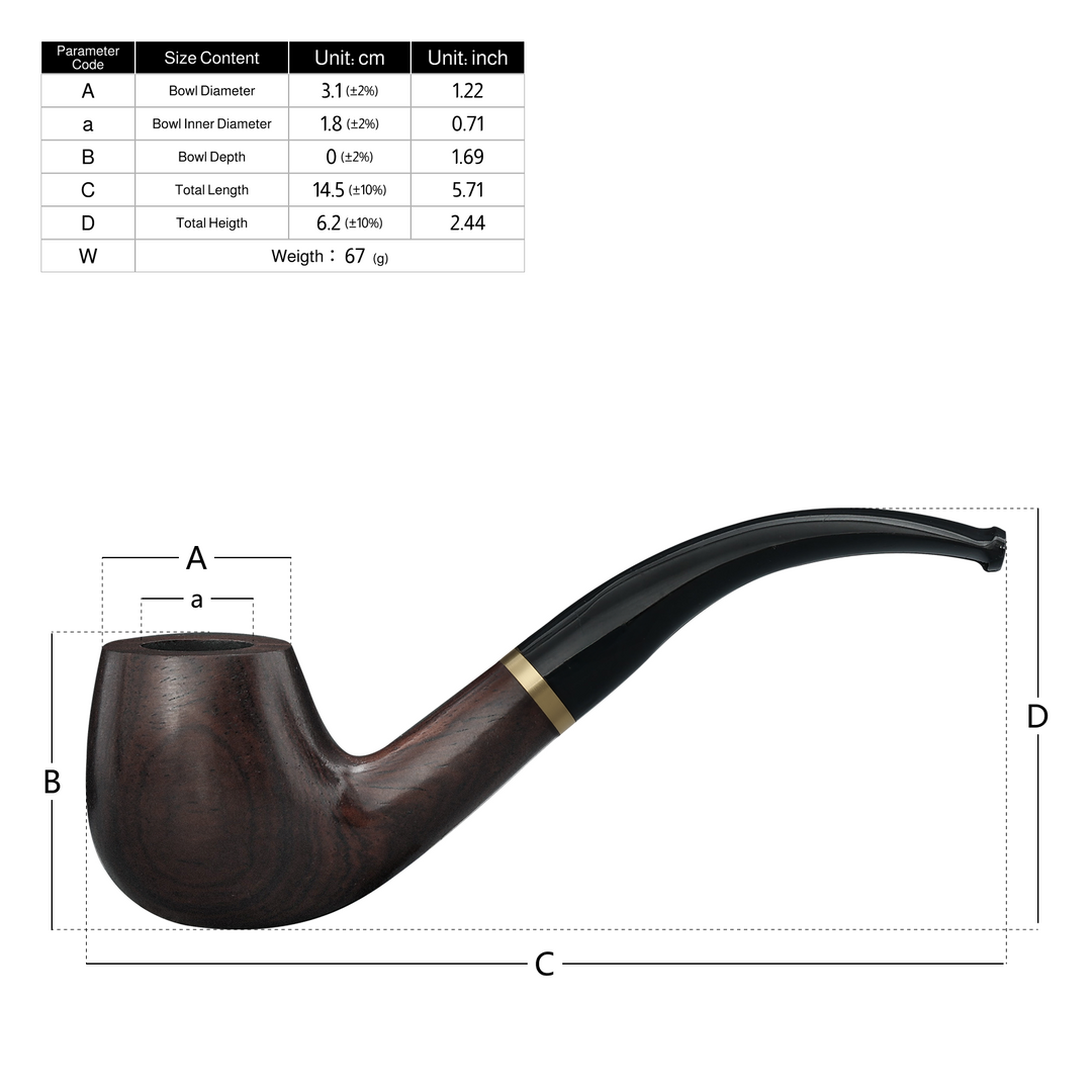 Size reference image of the Joyoldelf ebony wood pipe showing bowl diameter, height, and total length measurements.