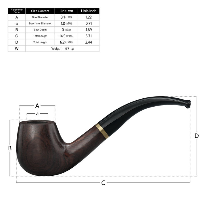 Size reference image of the Joyoldelf ebony wood pipe showing bowl diameter, height, and total length measurements.