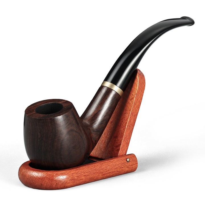 Joyoldelf ebony wood pipe with curved black stem displayed upright on a wooden stand.