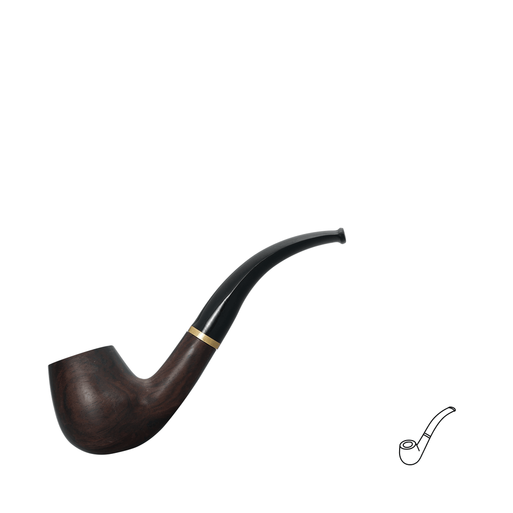 Full view of the Joyoldelf ebony wood tobacco pipe with dark grain bowl, curved black stem, and brass accent ring.