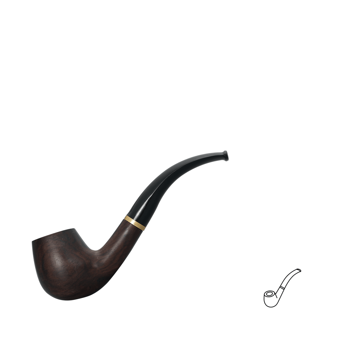 Full view of the Joyoldelf ebony wood tobacco pipe with dark grain bowl, curved black stem, and brass accent ring.