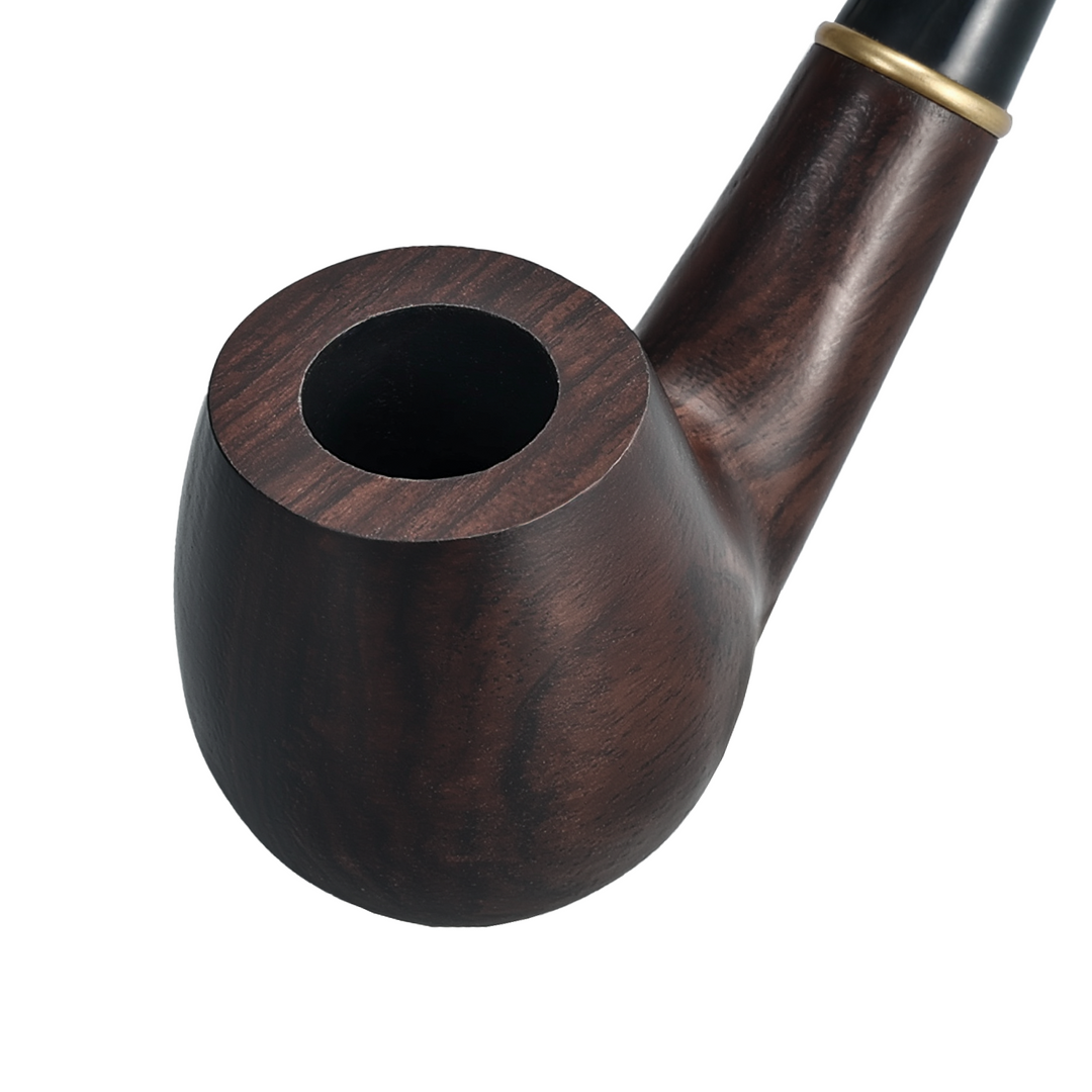 Close-up of a Joyoldelf ebony wood tobacco pipe bowl, showing smooth dark grain and a polished black acrylic stem.