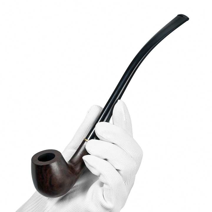 Joyoldelf ebony wood tobacco pipe held in a gloved hand, showing the curved stem and smooth dark-brown finish.