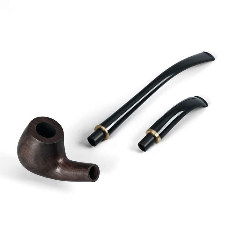 Joyoldelf ebony wood tobacco pipe displayed with interchangeable long and short black acrylic stems and brass rings.