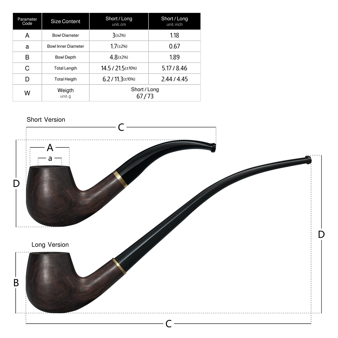 Size chart showing short and long versions of the Joyoldelf ebony wood pipe, with measurements for bowl and stem.