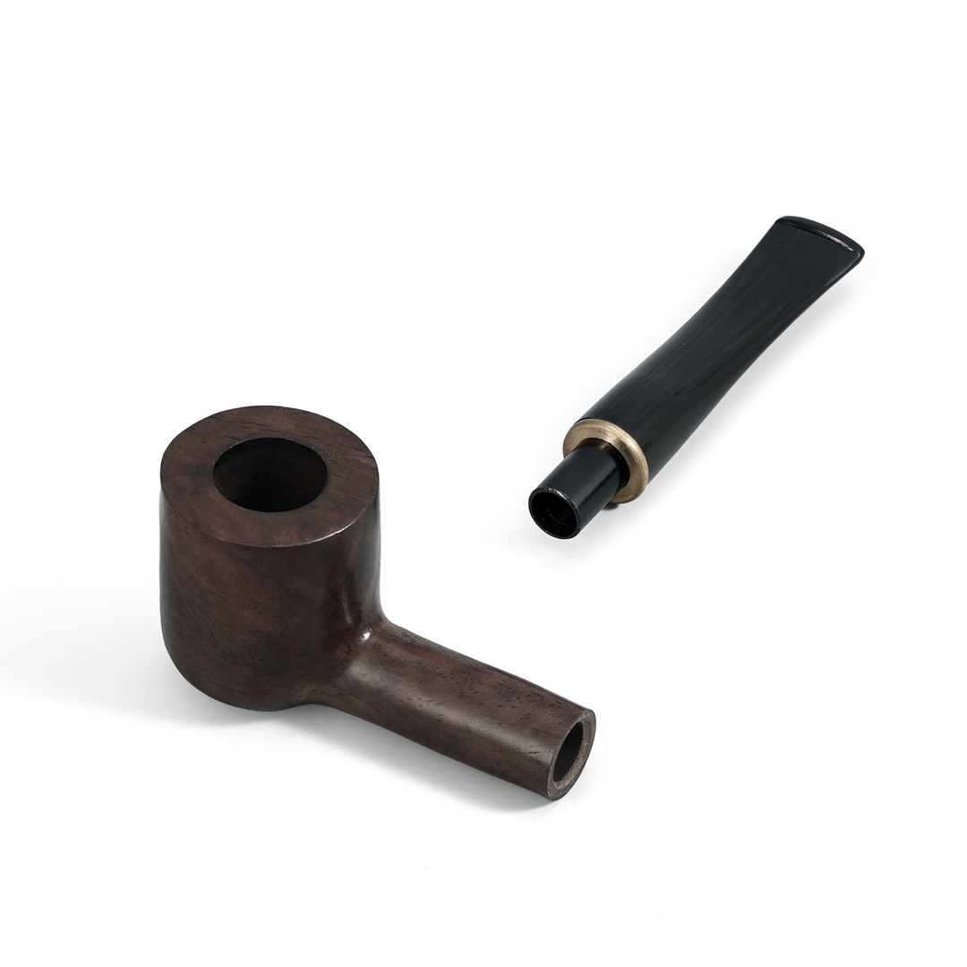 Obetis ebony wood pipe — detachable black stem and wooden bowl shown separately
