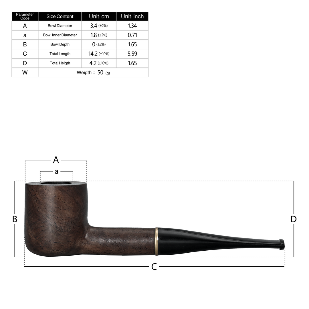 Obetis ebony wood pipe size chart — bowl diameter, length, height and weight measurement illustration