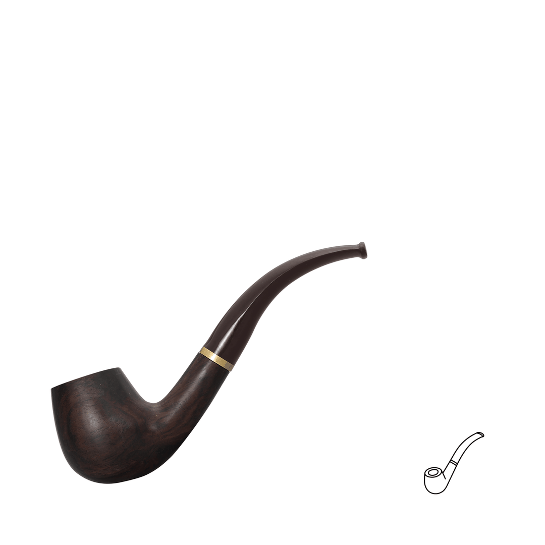 Obetis ebony wood pipe — full side profile with long brown curved stem and brass accent ring